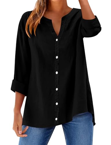 Rapbin Langarmshirt Damen Baumwolle Bluse Mode Button Down Lose Oberteile Langarm Kleidung Blusenshirt Lässiges Hemdbluse Schwarz XXL