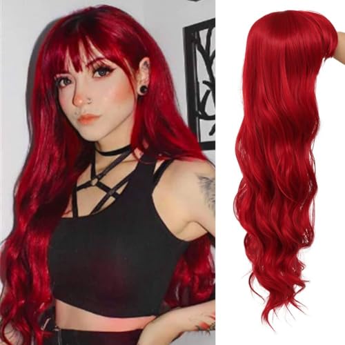 Salaibs Frauen Rot Lange Lockige Wellige Perücken mit Pony Synthetische Hitzebeständige Faser Haar Perücke für Cosplay Halloween Gebrauch