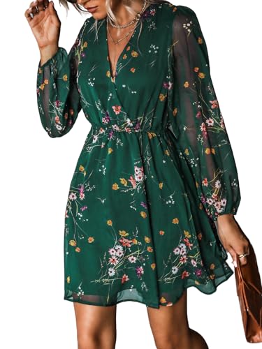 CUPSHE Damen Kleid Wickeloptik V Ausschnitt Langarm Chiffon Blumenmuster Freizeitkleider Wickelkleid Party Mini Dress Grün M