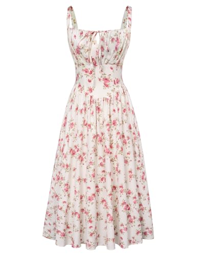 Damen Spaghetti Sun Dress Rockabilly Flowy Swing A Linie Strand Kleid Weiß-Rosa Blumen XXL