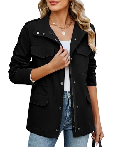 CMTOP Übergangsjacke Damen Kurz Leichte Jacke, Baumwolle Casual Blouson Zip Up Solid Übergangsmantel Oberbekleidung mit Multi-Tasche für Frühling Sommer Herbst(Schwarz,XL)