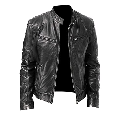 Generisch Lederjacke Herren Stehkragen Mit Reissverschluss Und Taschen Bikerjacke Männer Motorradjacke Slim Fit Kunstlederjacke Vintage Freizeit Lederblouson Übergangsjacke Pu Biker Leder Jacke