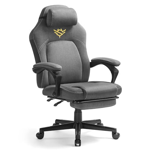 SONGMICS HOME Gaming-Stuhl, ergonomischer Computerstuhl mit Fußstütze, Bürostuhl, Drehstuhl mit Kopfkissen, Baumwoll-Leinen-Mischgewebe, höhenverstellbar, Taubengrau OBG072G01