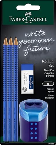 FABER-CASTELL 217083 - Bleistifte Set Grip 2001, mit Radierer, RollOn Spitzdose und 3 Bleistifte, Schreibset blau