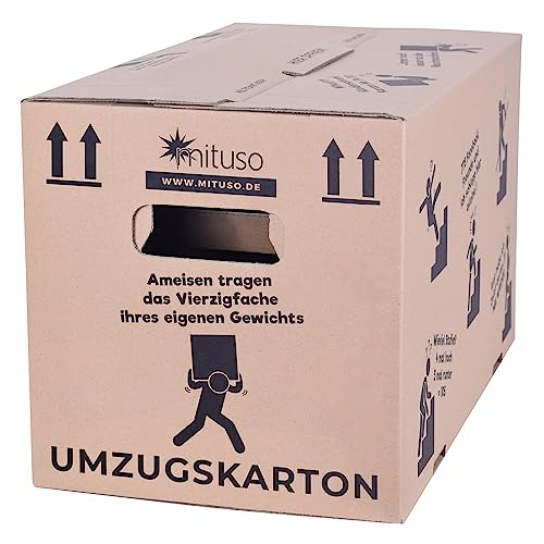 Umzugskartons 10 Stück 2‑wellig, extra stabil bis 40 kg, 600 x 330 x 350 mm, recycelte Pappe, schnell aufbauend ohne Klebeband, moving boxes sowie archivbox mit verstärkten Tragegriffen | mituso