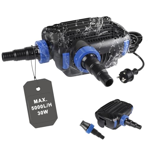 EXLECO Eco Teichpumpe Filterpumpe 30W max. 5000L/H Teichfilter Energiesparende Bachlaufpumpe für Gartenteich Teich Pumpe mit filter Kabellänge 10M Umwälzpumpe für Außen Wasserfall Bachlauf Koiteiche
