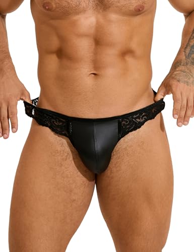 String Tanga Herren Sexy Dessous Kunstleder Unterwäsche Männer Erotisch Wetlook Spitze Höschen Slips Thong Ouvert Transparent Unterhosen T-Back Sissy Reizwäsche Gay Große Größen Schwarz M