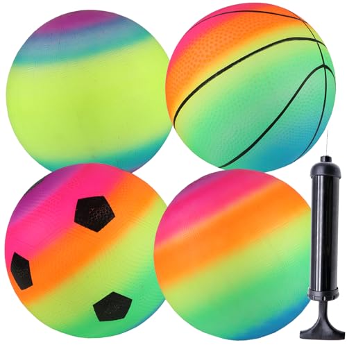 smilixin 4 Stück Bouncy Kickball,PVC Regenbogen Ball Kinder,Kinder Spielball Strandball mit Pumpe,Fußball Softball Kinderball für Drinnen und Draußen,8.5 Zoll
