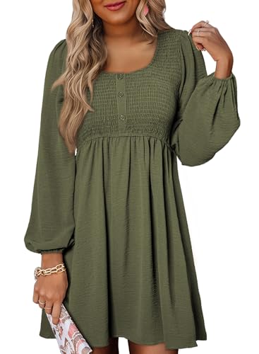 Dokotoo Damen Kleider Musselin Elegant Langarm Freizeitkleider Rundhals A-Linie Midikleid Frühling Herbst Sommerkleid, grün, XL