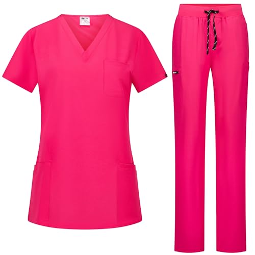 B-well BELLA Damen-Schrubb-Set Schlupfkasack + Schlupfhose Set Medizin Arzt Uniform Schlupfjacke Oberteil mit Hose Medizinische Berufsbekleidung mit Elastan (Rosa, L)