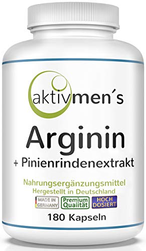 aktivmen´s Arginin plus Pinienrindenextrakt hochdosiert - 180 Kapseln - L-Arginin Base + Pinus pinaster Extrakt - 1 Dose (1x135g) 100,00% VEGAN + laborgeprüft