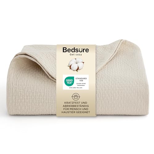 BEDSURE Tagesdecke 220x240 Baumwolldecke Hundedecke - Baumwolldecke mit Rautenmuster Haustierfreundlich, Scheuerfest, Nicht Fadenziehend Ideal für Sofa, Musselin Decke, 220x240 cm, Beige