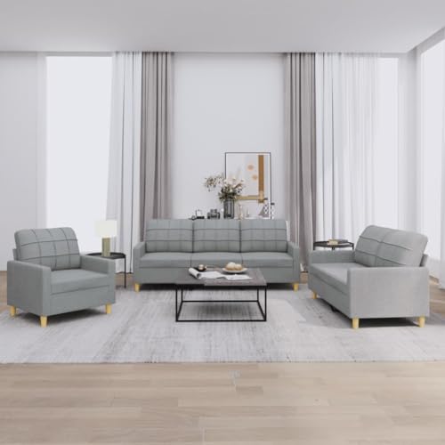 Refined Sofagarnitur Sessel Couch Sofa Wohnzimmersofa mit Armlehnen Couchgarnitur Designsofa Sitzmöbel Polstermöbel 3-TLG. Sofagarnitur mit Kissen Hellgrau Stoff