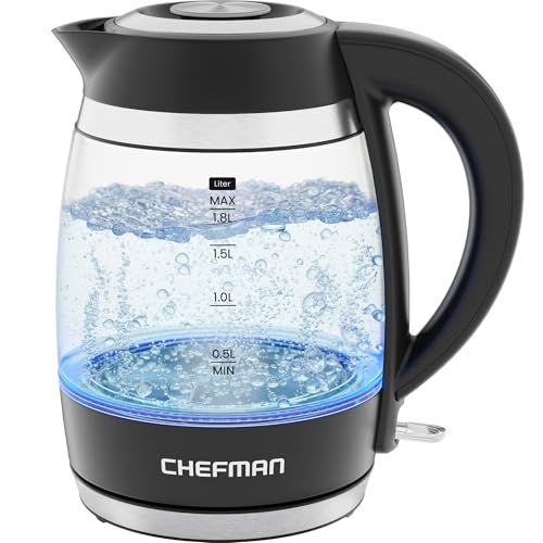 Chefman Elektrischer Wasserkocher, 1.8L 2200W, abnehmbarer Deckel, automatische Abschaltung, Trockengehschutz, Edelstahlfilter, BPA-frei, elektrische Teekanne aus Borosilikatglas