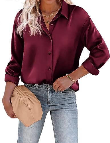 Beyove Damen Bluse Satin Seide V-Ausschnitt Hemden Elegant Langarm Business Oberteile mit Knöpfen Tops Lose Langarmshirt Rotwein M