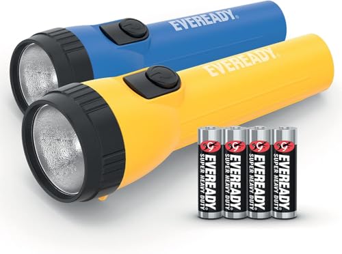 Energizer Eveready LED Taschenlampe 2er-Pack, Super Hell Flashlight, Wasserfest, Camping Outdoor Notfall, 2er-Pack 4 AA Batterien Blau/Gelb