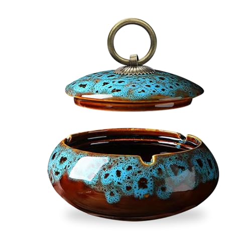 Keramischer Aschenbecher mit Deckel, Zigarettenaschenbecher für drinnen und draußen, Schreibtischdeko für Haus und Büro (Blau)