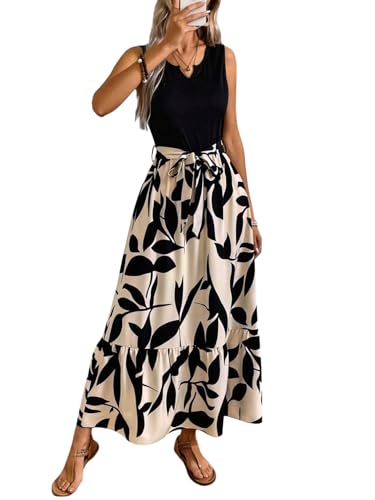 SweatyRocks Damen Kleid Ärmelloses Maxikleid A Linie Sommerkleider Pflanzenmuster Lange Kleider mit Gürtel Rüschensaum Freizeitkleid Boho Druckkleid Damenkleider Schwarz L