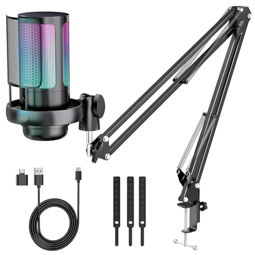 LACITENY Gaming Mikrofon PC mit Arm, USB Mikrofon Plug & Play, Kondensatormikrofon mit RGB LED/Mute für Streaming, Podcast, YouTube, Home Office, Meeting, inkl. 3 Kabelbinder & USB-C Adapter