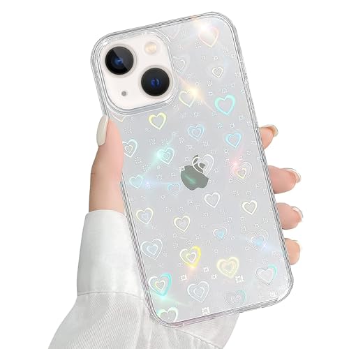 QUESPLE Kompatibel mit iPhone 13 Mini Hülle Transparent Glitzer Herz Muster für Frauen Mädchen Mode Weiche Langlebige Schlanke TPU Handyhülle, Hart PC Rückseite Kratzfest