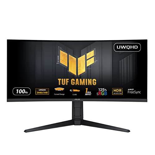 ASUS TUF Gaming VG34VQEL1A Curved 34 Zoll Gaming Monitor (UWQHD (3440 x 1440), 100Hz, Curved Design, Extreme Low Motion Blur, Freesync, 1ms (MPRT),125% sRGB, HDR)