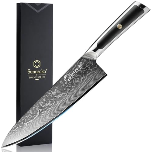 Sunnecko Damastmesser 20cm Kochmesser Küchenmesser - Scharf Messer aus Damaststahl, Damast Küchenmesser mit Ergonomischer Griff, Fleischmesser für Küche, Perfekt Geschenk für Weihnachten