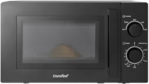 Comfee CMSN 20 bk Mikrowelle/Solo-Mikrowelle mit 5 Leistungsstufen/Innenbeleuchtung/easy Defrost/360°Drehteller/Zwei Drehregler/20L/700W/ Schwarz