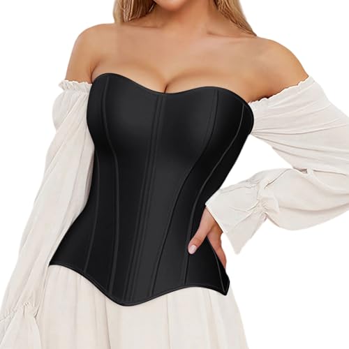 2025 Shapewear Korsett Tops für Damen, Überbrustkorsett Top mit verstellbarem Reißverschluss und Fischgrätenmuster – Dessous für Clubwear und Verabredungen, Schwarz , M