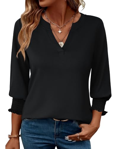 Rapbin Bluse Damen 3/4 arm langerm V-Ausschnitt Tunika Sommer Tops Locker Shirt Elegant Lässig Oberteil 2025 (L, Schwarz)