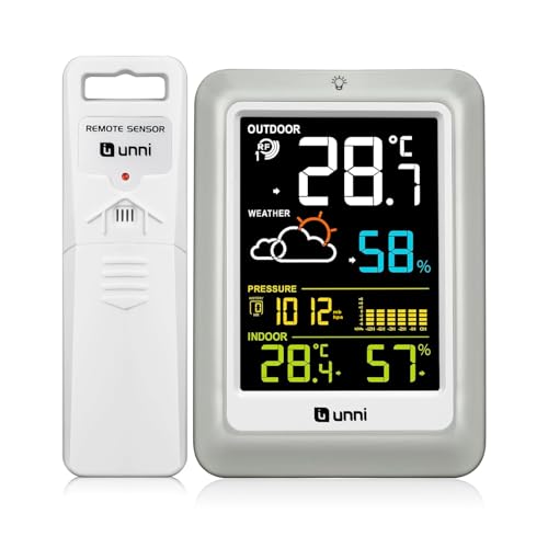 U UNNI Funk Wetterstation mit Außensensor Batterien oder USB betrieben, Wettervorhersage Funkwetterstation 100M/330FT, °C/°F & 3 Helligkeitsstufen Einstellung