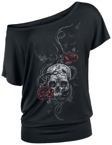 Black Premium by EMP Damen schwarzes T-Shirt mit großem Totenkopf Rosen Frontprint XXL