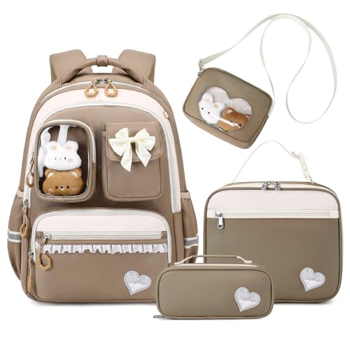 Amythe Schultasche Mädchen Rucksack Kinder 4-teilig, Braun