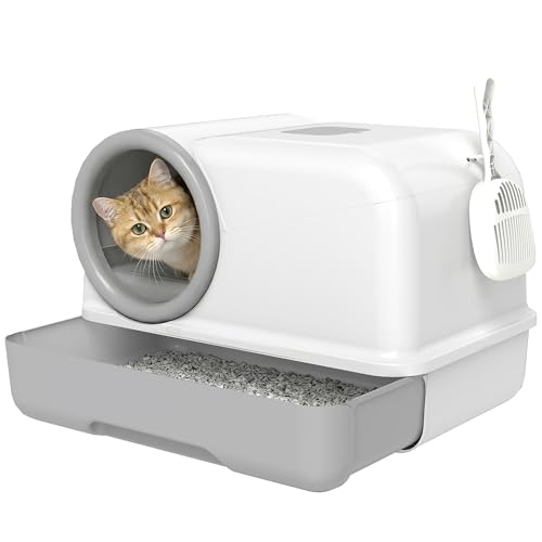 PawHut Katzentoilette mit Deckel Katzenklo mit Haube und Schaufel ausziehbares Tablett 2 Aktivkohlefilter Katzentoilette für Katzen bis 5 kg 59 x 39,5 x 39,5 cm Weiß+Grau