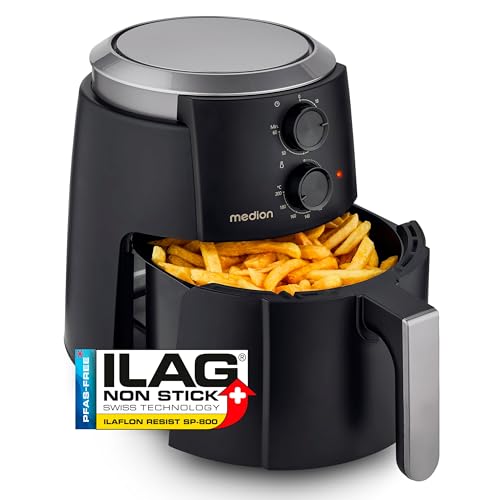 MEDION P30 L Heißluftfritteuse (4,7 Liter, Airfryer, 1500 Watt, einfache Bedienung, ölfreies Frittieren, 60 Min Timer, bis zu 200° C, Antihaft-Beschichtung, MD13020) schwarz