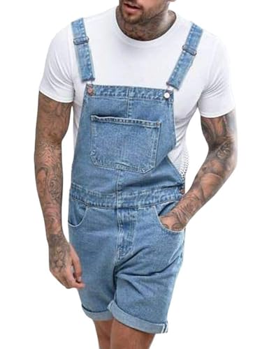 Runcati Herren Latzhose Baumwolle Jeans Overall Kurze Arbeitshose Loose Fit Männer Denim Jumpsuit mit Taschen Blau L