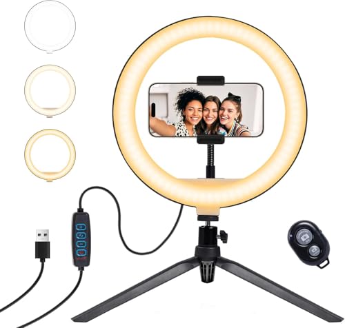 10 Zoll Selfie Ringlicht mit Stativ, 3 Modi und 10 Helligkeit Ring Light mit Kabellose Fernbedienung, Handy Stativ mit Ringlicht FüR Streaming, Tiktok, Zoom, Blogging, YouTube