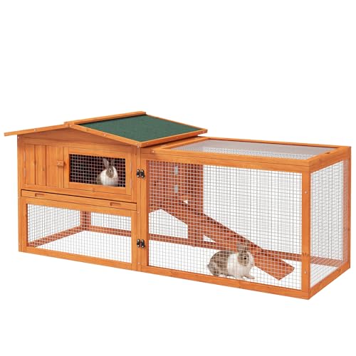 PawHut Hasenstall 2 Ebenen Wetterfest Kaninchenstall aus Holz mit Freilaufgehege Herausnehmbarem Tablett mit aufklappbarem Deckel Sichtfenster 156x58x68 cm Kaninchenkäfig für Indoor Outdoor Orange