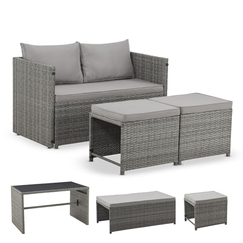 Juskys 2in1 Polyrattan Relax Gartenmöbel Set Jamaika - Tisch, Gartenlounge Sofa - Balkonmöbel Sitzgruppe für Balkon, Garten - Outdoor Lounge grau-meliert