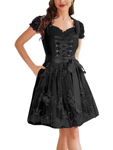 VAFADRESS Kostüme 3-teilig Oktoberfest Kleid Damen Deutsches Dirndl Kleid für Bayerisches Oktoberfest Karneval Outfits, Schwarz, M