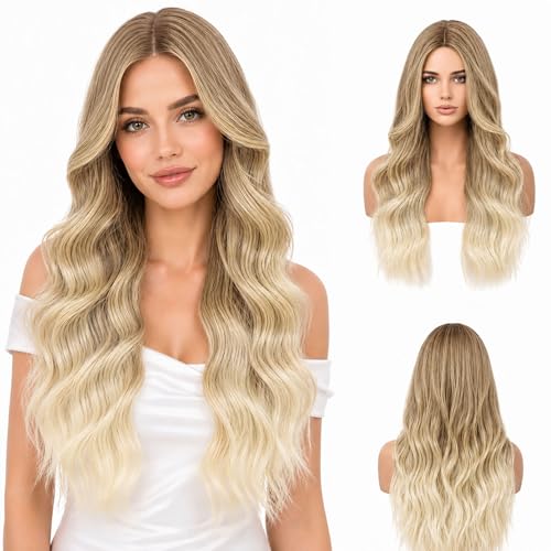 LUFFLOK Lange Lockige Ombre Braun zu Blond Perücken für Frauen 68cm Lange Perücken Damen Lockige Gewellte Perücken Hitzebeständig Volle Haar Ombre Perücke für Tägliche Karneval Party Cosplay (Blond)