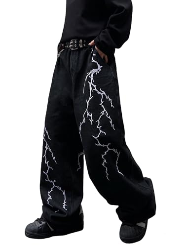 Zewool Herren Baggy Stickerei Jeans weites Bein Denim Hosen,A40 Schwarz,S