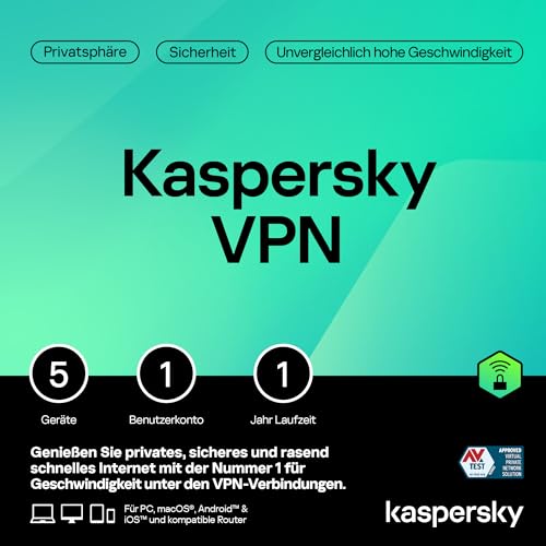 Kaspersky VPN Secure Connection | 5 Geräte | 1 Benutzerkonto | 1 Jahr | PC / Mac / Android / iOS | Aktivierungscode per Email