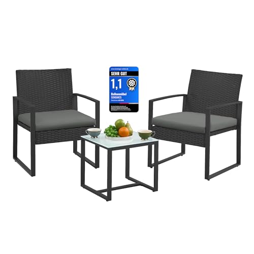 SONGMICS Balkonmöbel, Gartenmöbel-Set, aus PE-Polyrattan, Lounge-Set, Tisch und 2 Stühle, Terrassenmöbel, einfache Montage, Outdoor, für Terrasse, Balkon, Garten, schwarz-grau GGF010G05