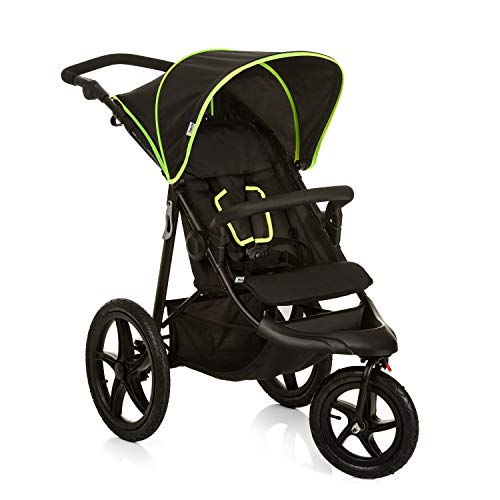 hauck Runner, Black / Neon Yellow - Robuster Dreirad Buggy mit XL Lufträdern, Federung, XL Netzfenster, Verstellbarer Schieber, mit Liegefunktion für Kinder ab Geburt bis 22 kg, Faltbar