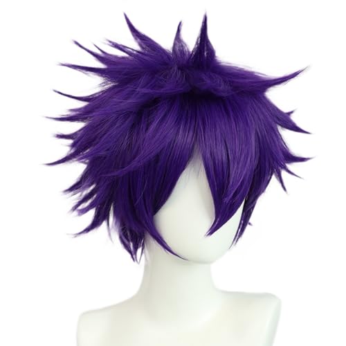 BEKIDER+1 Haar Kappe Kurz Lila Perücke für Männer Lila gewellt Perücke mit Pony für Halloween Weihnachten Event Kostüm Party