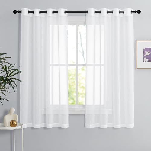 PONY DANCE Voile Gardinen Weiss Transparent Ösenvorhang 2er Set H 160 x B 140 cm Wohnzimmer Gardinen Kurz Durchlässige Vorhänge Weiß Vorhang Leinenoptik Schlafzimmer