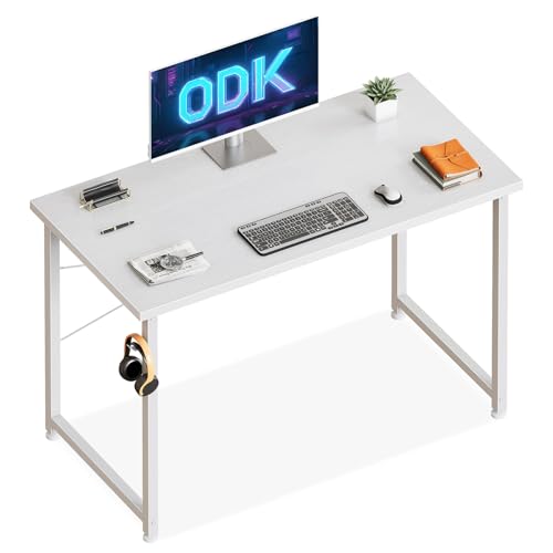 ODK Kleiner Schreibtisch, 100×48cm Computertisch Bürotisch Mit Kopfhörer Halter, Schreibtisch Klein Weiß Arbeitszimmer Holz PC Tisch Officetisch Für Home, Office