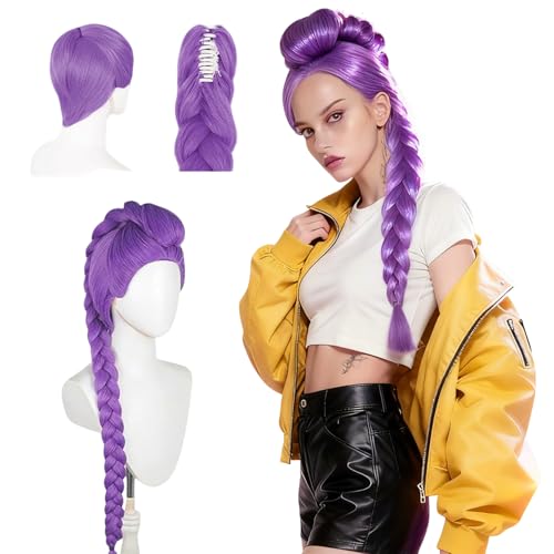 Lange lila Perücke Cosplay, Kpop Lila Zopfperücke, dämonenjäger Costume Purple Wig, Hexenjäger Lange Lila Cosplay-Perücke, für Karneval Weihnachten Party Maskenball