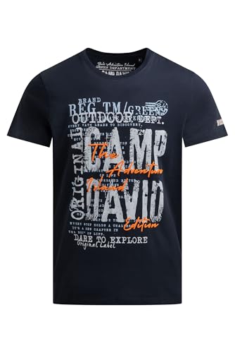 Camp David Herren T-Shirt Rundhals Kurzarm mit Logo Prints und Puffprint, 100% Baumwolle Blue Navy, M