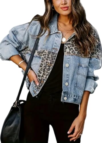 SWOAMER Damen Vintage Jeansjacke Leopard Denim Jacke Western Fall Übergangsjacke mit Tasche Button Down Streetwear Freizeitjacke Blau L